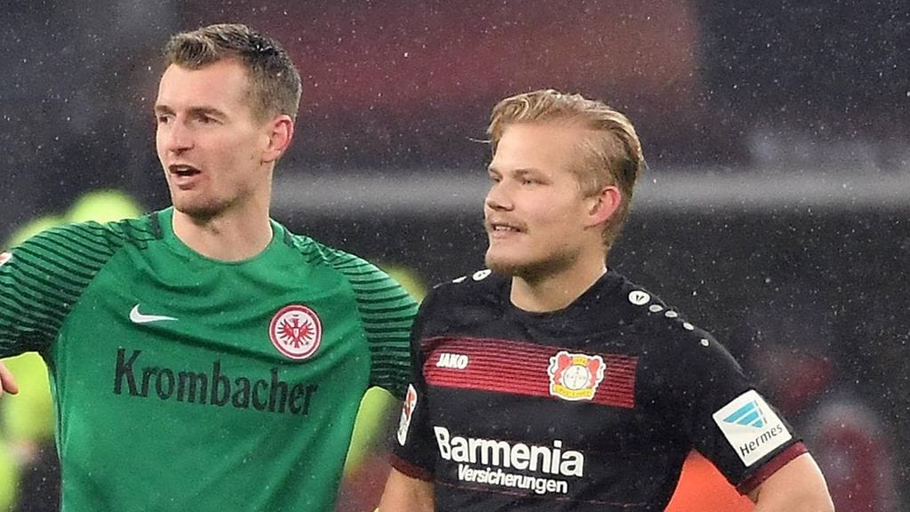 Huuhkajapelaajat Joel Pohjanpalo (oik.) ja maalivahti Lukas Hradecky kohtasivat Bundesliigassa helmikuussa.