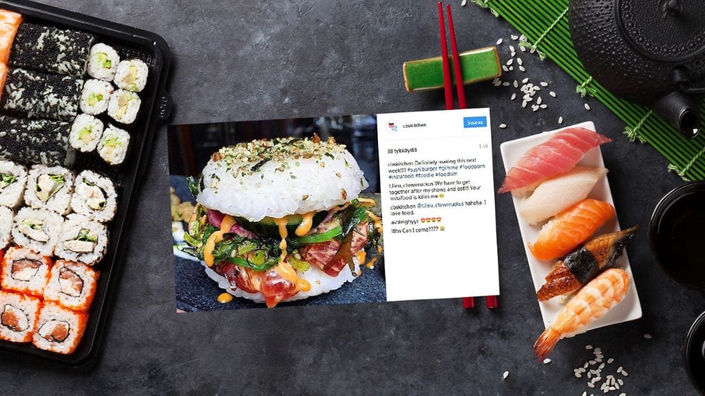 Sushiainekset voi koota myös burgerin muotoon.