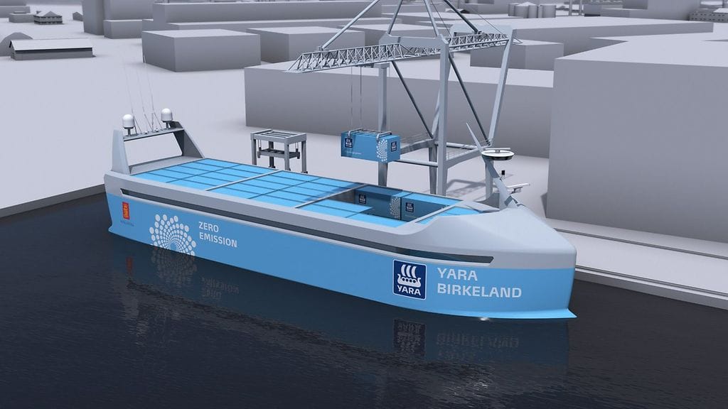 Tietokonemallinnos Norjassa rakennettavasta robottirahtilaivasta.