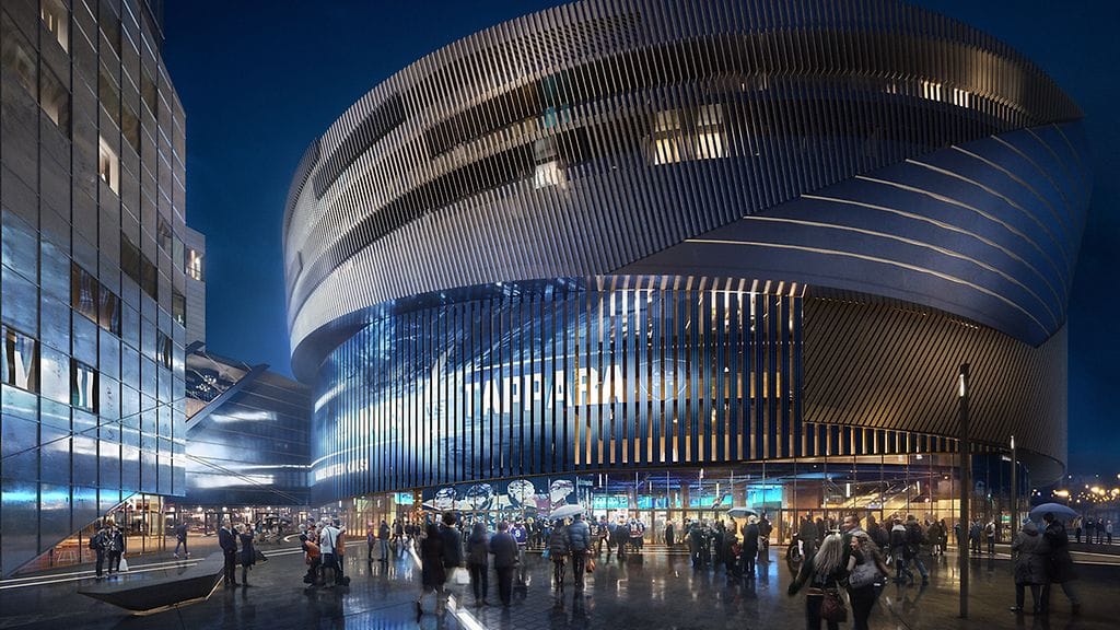 Tältä Tampereen monitoimiareenan on tarkoitus valmistuessaan näyttää katutasolta katsottuna. Havainnekuva: Illustration Tomorrow