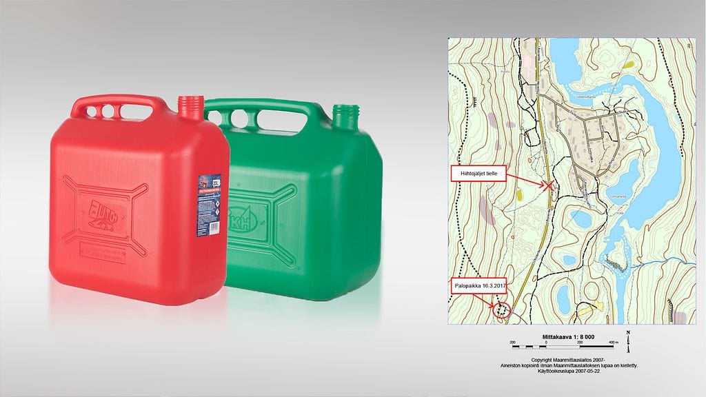 Kanisterit, jotka löytyivät paikalta, näyttävät poliisin mukaan mahdollisesti kuvassa olevilta kanistereilta.