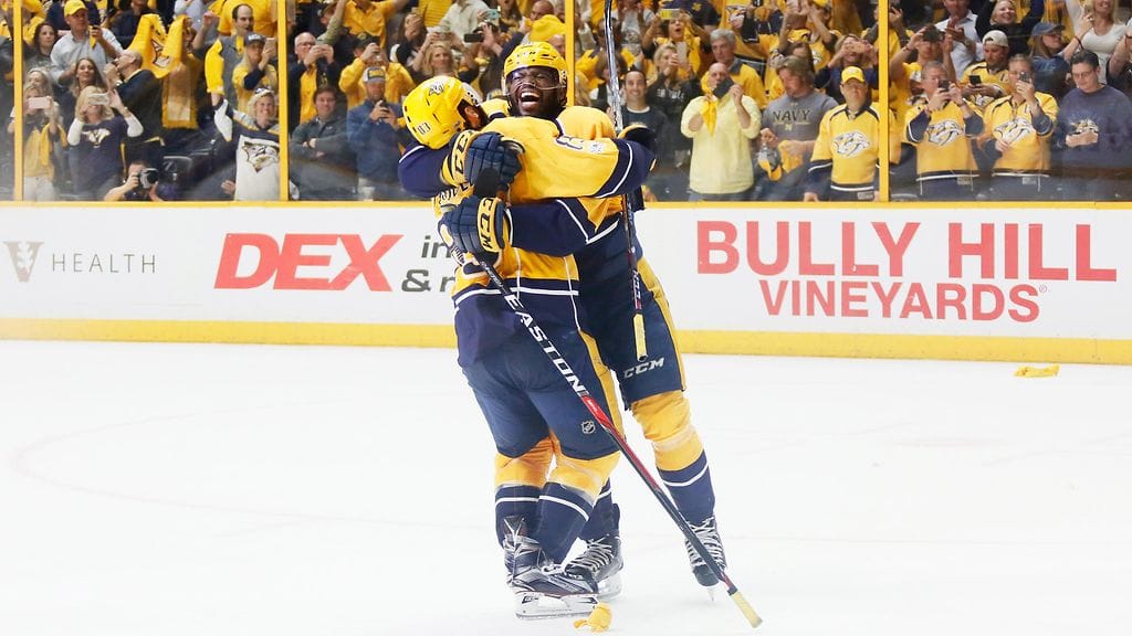 P.K. Subban ja Vernon Fiddler juhlivat finaalipaikkaa.