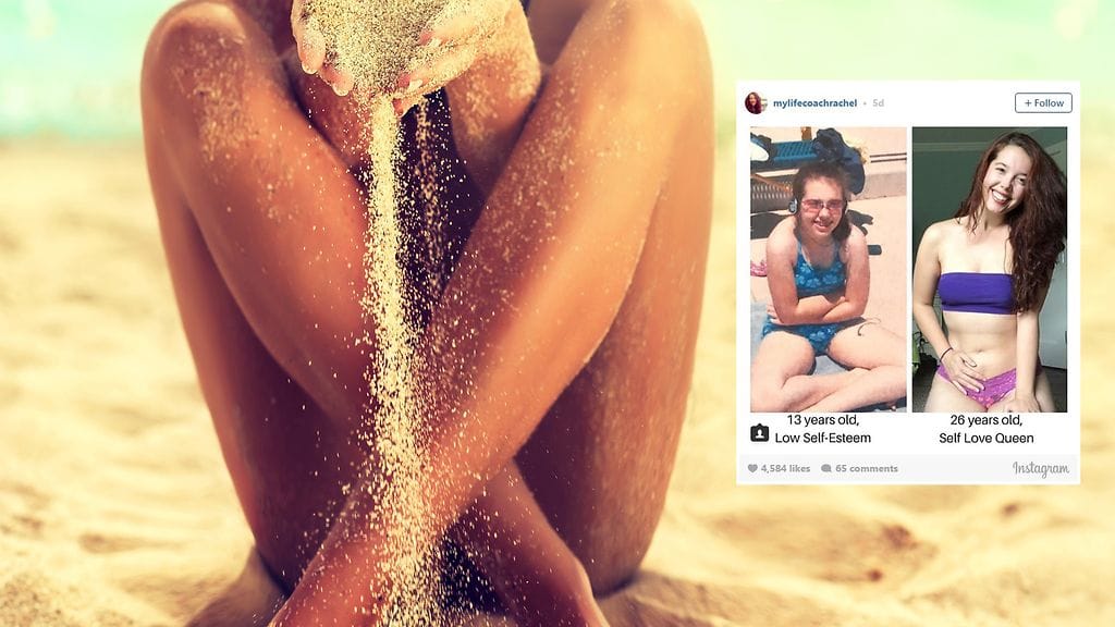 Nainen kehottaa ihmisiä hymyilemään ja lähtemään rohkeasti rannalle.