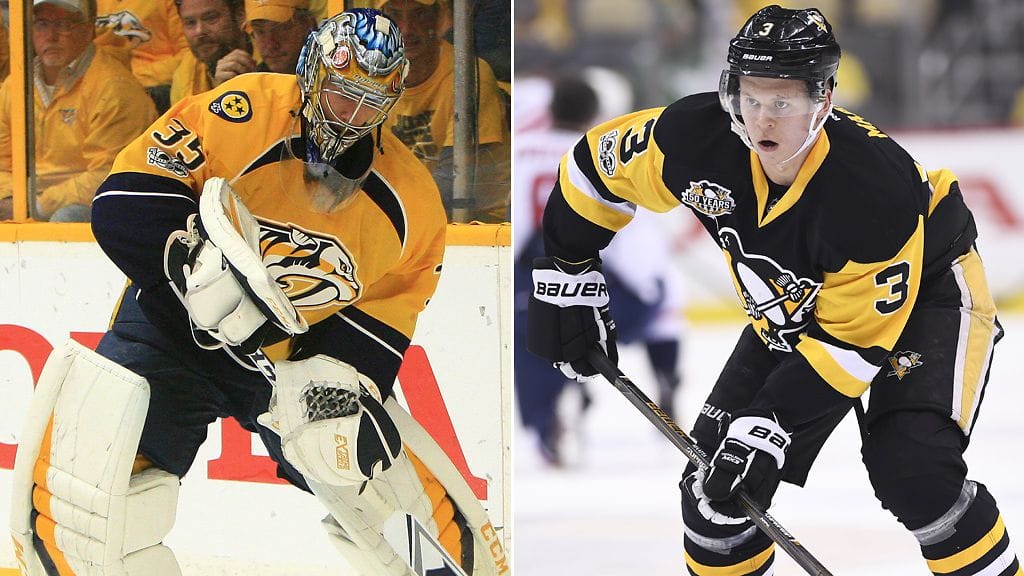 Nashvillen Pekka Rinne yrittää pysäyttää Olli Määtän Pittsburghin.