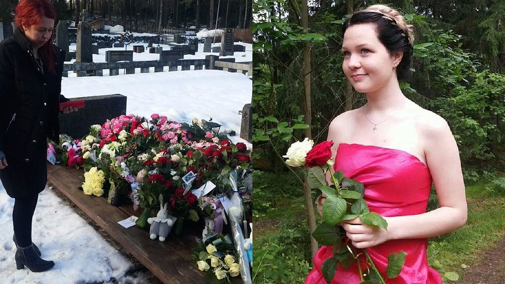 Vasemmalla kummitäti Mari Kannisto Millan haudalla. Oikealla Milla omissa rippijuhlissaan kaksi vuotta sitten.