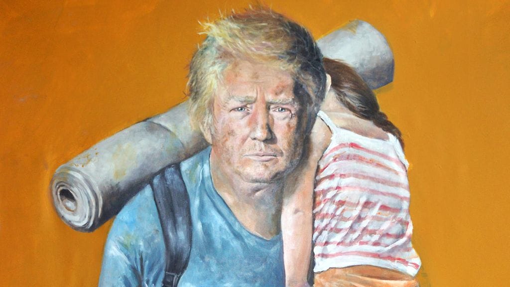 Taitelija Abdalla Al Omari on kuvannut Yhdysvaltain presidentti Donald Trumpin väsyneenä pakolaisena.