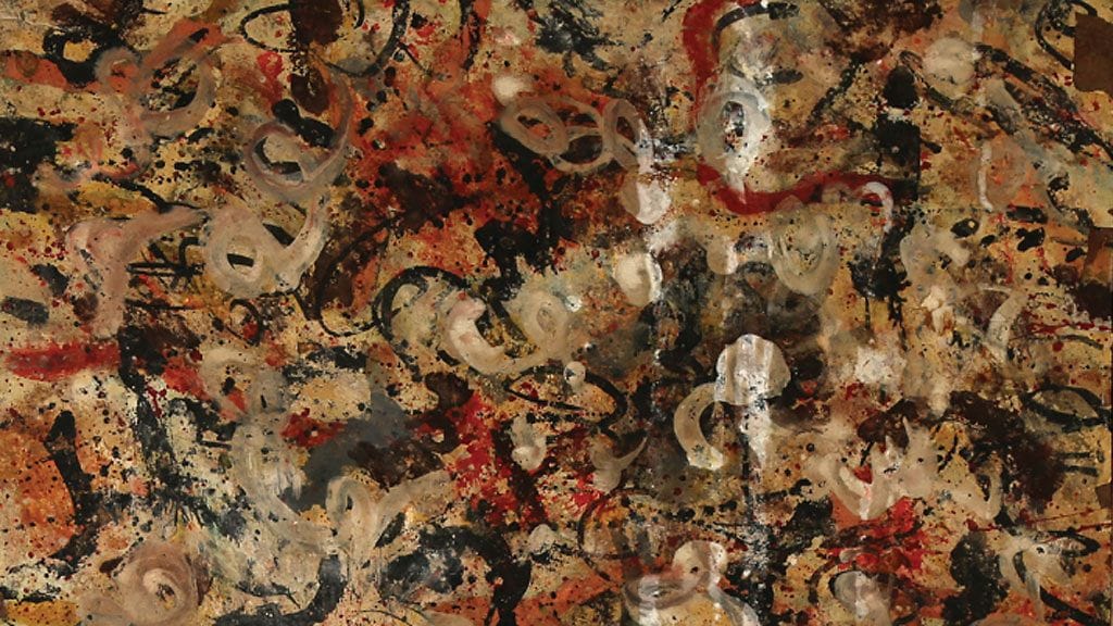 J. Levine Auction & Appraisal LLC -huutokaupan valokuva Jackson Pollockin autotallista löytyneestä maalauksesta.  Kuvassa yksityiskohta maalauksesta.