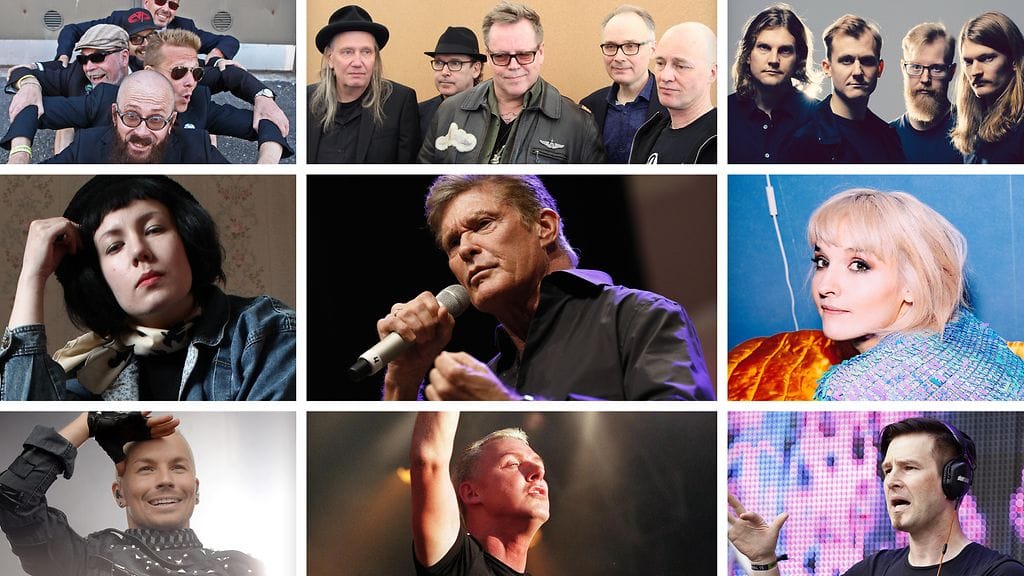 Juhannusfestareiden monenkirjavaa artistikaartia, vasemmalta alhaalta myötäpäivään: Antti Tuisku, Litku Klemetti, Eläkeläiset, Dingo, Pimeys, Iisa, Darude, Scooter ja David Hasselhoff.