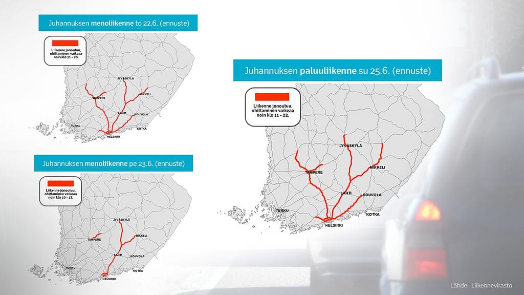 Liikenneviraston kartat näyttävät, minne ennustetaan vilkkainta juhannusliikennettä.