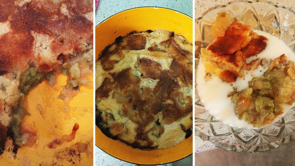 Anne Houda Rabtin raparperipaistos tai -piirakka nautitaan maidon tai vaniljakastikkeen kera.