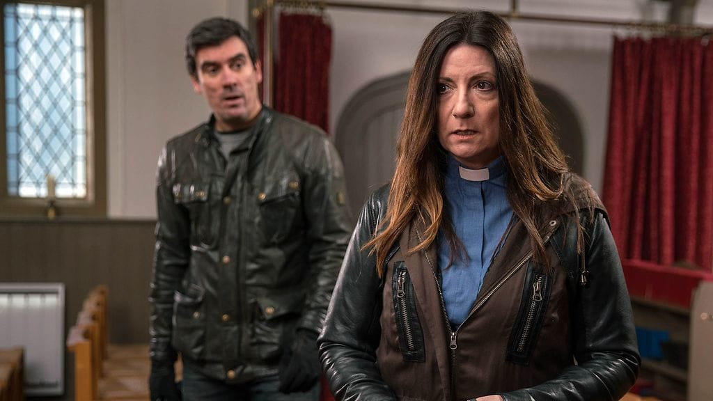 Harriet (Katherine Dow-Blyton) ja Cain (Jeff Hordley) Emmerdalen pyörteissä maaliskuussa 2017.