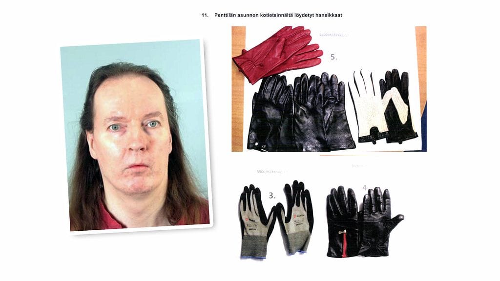 Sarjakuristajan hansikkaat. Oikeanpuoleinen kuva poliisin esitutkintamateriaalista.