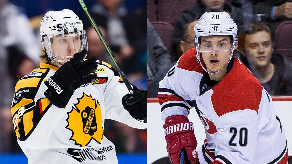 Sebastian Aho ja Sebastian Aho. Suomalaishyökkääjä oikealla.