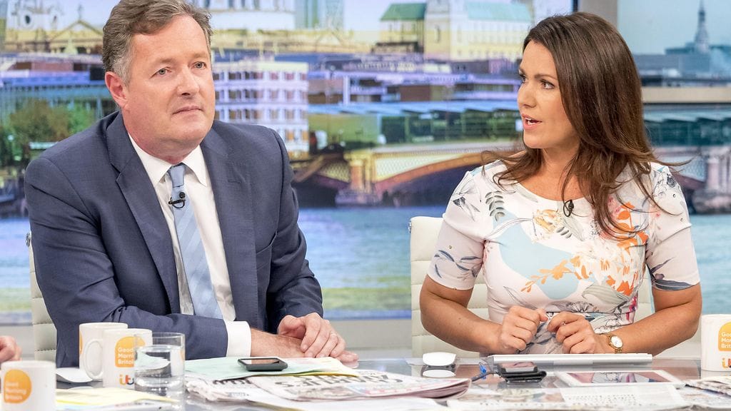 Piers Morgan (vasemmalla) ei ole Love Island -tosi-tv-ohjelman fani. Miehen juontajapari Susanna Reid taas on.