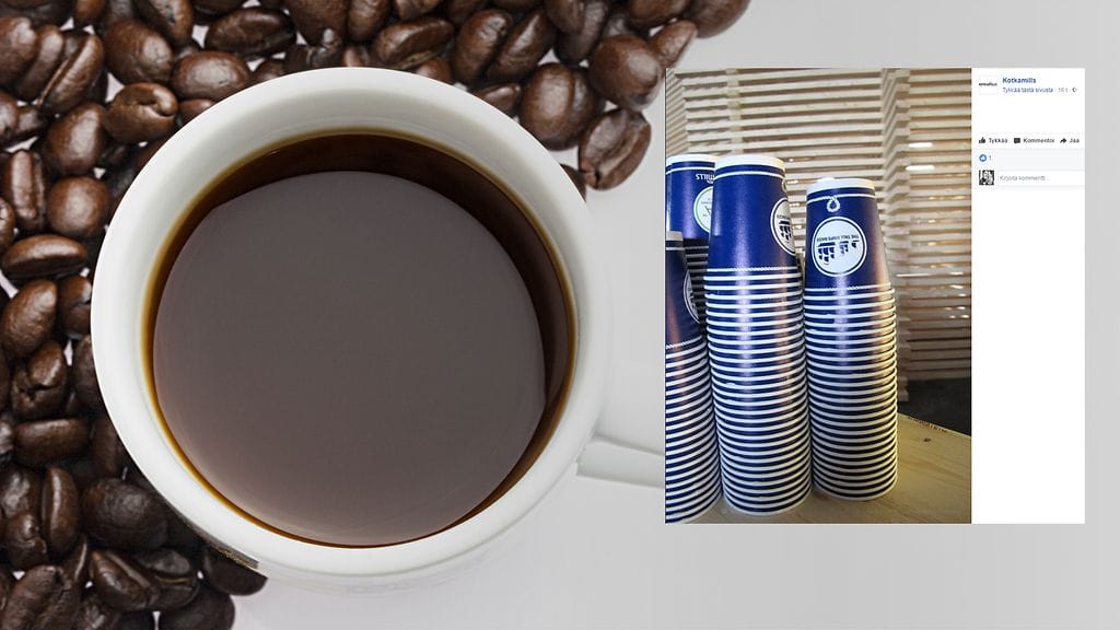 Muovittomalla, biohajoavalla kahvikuppikartongilla ei ole vielä elintarvikepakkaussertifikaattia. Kuppi odottaa vielä yhtä testiä. Kuvituskuva, toisen kuvan lähde Facebook.