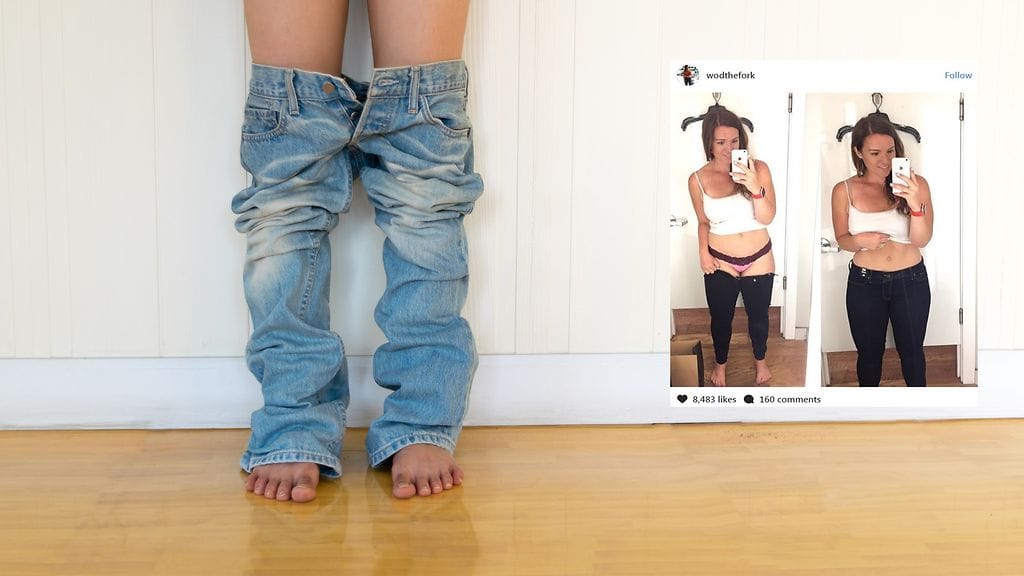 Nainen osoittaa, minkä vuoksi vaatteiden kokoluokitukselle ei tulisi antaa liikaa valtaa.