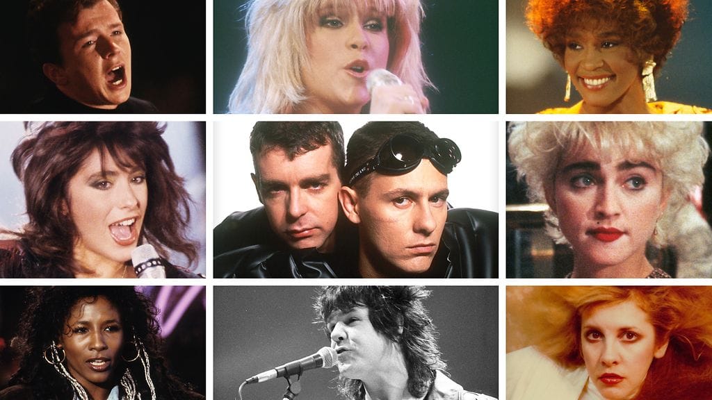 Pet Shop Boysin (keskellä) It's a Sin oli vuoden 1987 isoin hitti Suomessa. Myös näiden nimien singlet menestyivät (vasemmalta alakulmasta myötäpäivään): Sinitta, Sabrina, Rick Astley, Samantha Fox, Whitney Houston, Madonna, Fleetwood Mac ja Gary Moore.