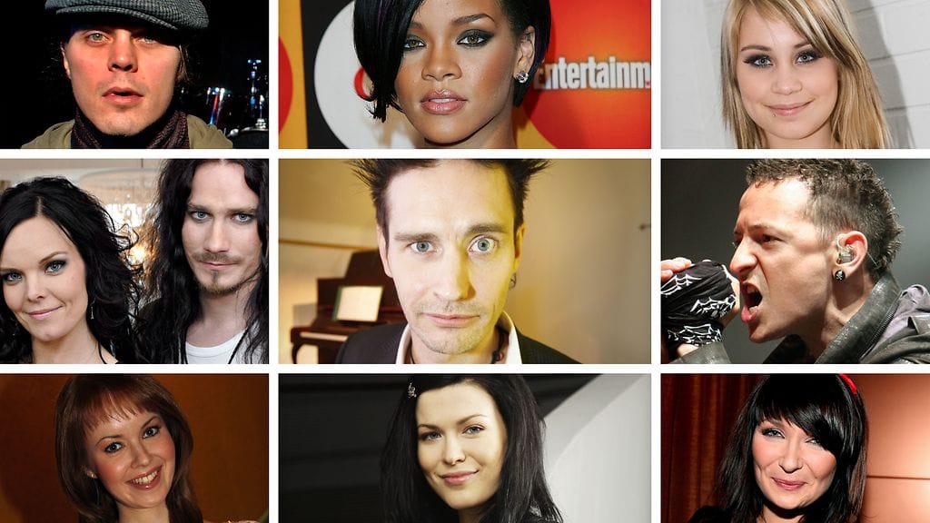 Lauri Tähkä & Elonkerjuu (keskellä) teki vuoden 2007 suurimman hitin. Muita 10 vuoden takaisia hittitehtailijoita olivat (kuvassa vasemmasta alakulmasta myötäpäivään): Johanna Kurkela, Nightwish, Ville Valo & Natalia Avelon, Rihanna, Anna Abreu, Linkin Park ja Irina.