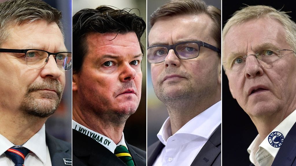 Jukka Jalonen (vas.), Karri Kivi, Pekka Tirkkonen ja Kari Jalonen ovat ehdokaslistan kärjessä, kun C Moren jääkiekkoselostaja Antero Mertaranta listaa omia ehdokkaitaan Leijonien seuraavaksi päävalmentajaksi.