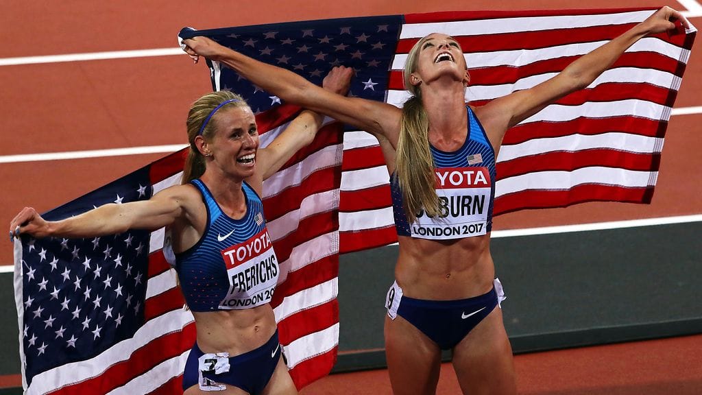 Cortney Frerichs (MM-hopea) ja Emma Coburn (MM-kulta) toivat Yhdysvalloille kaksoisvoiton estekisasta.