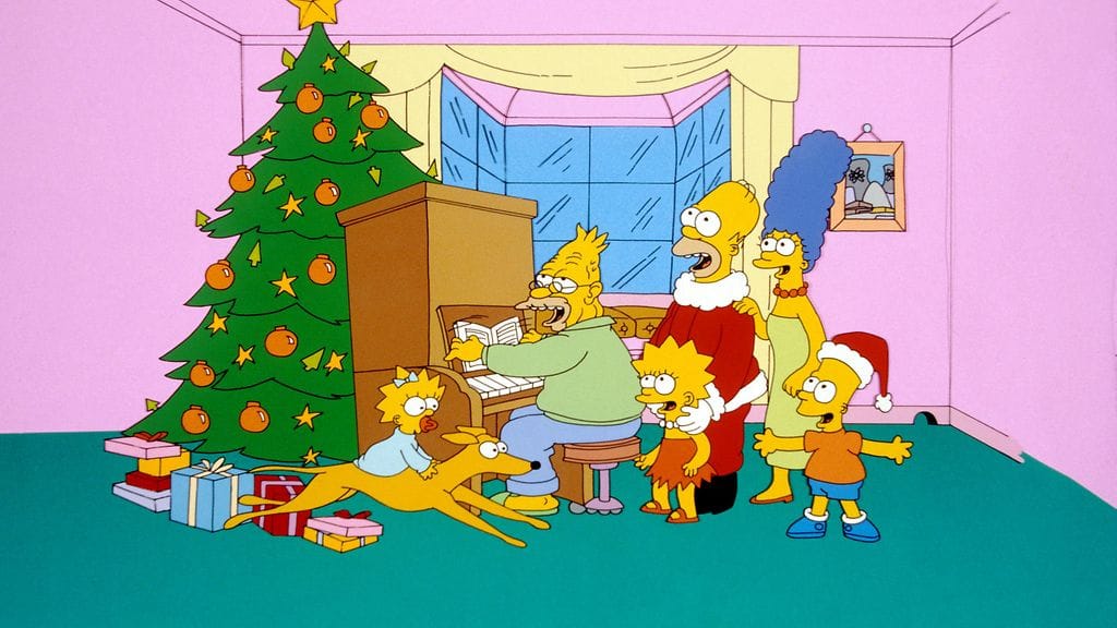 Kuva Simpsonien pilottijaksosta "Simpsons roasting on an open fire".