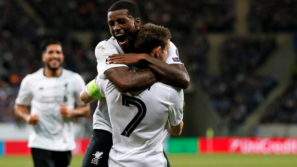 Liverpoolin Georginio Wijnaldum ja James Milner juhlivat vierasmaalia Hoffenheimia vastaan.