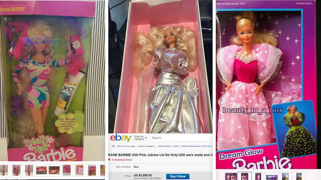 Kuvassa Totally Hair Barbie, 30-vuotisjuhlien Barbie ja pimeässä hohtava Barbie. Kuvien lähde eBay