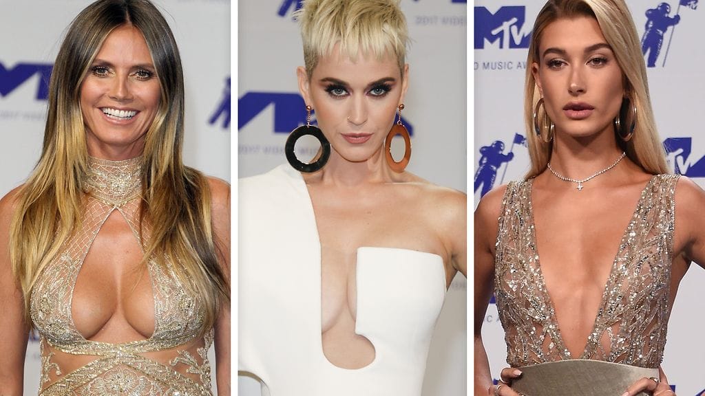 Heidi Klum, Katy Perry ja Hailey Baldwin kuvattuna MTV Video Music Awardsien punaisella matolla 27. elokuuta 2017.