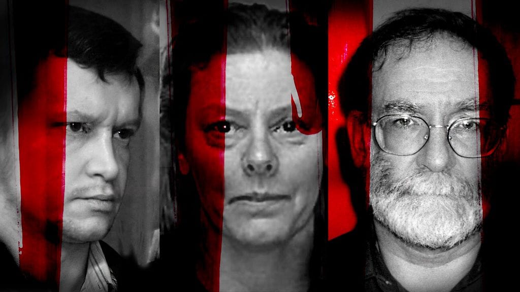 Tunnetut sarjamurhaajat vasemmalta oikealle: Alexander Pichushkin, Aileen Wuornos ja Harold Shipman.