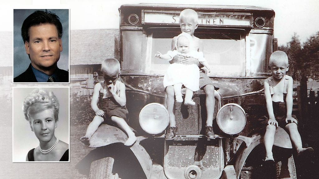 Kuvassa isolla Andyn äiti veljiensä kanssa vuonna 1938. Vasemmalla ylhäällä Andy 40-vuotiaana, alhaalla Anna-Liisa 1960-luvulla. Kuvat: Koskisten ja Sorensenien perhealbumit.