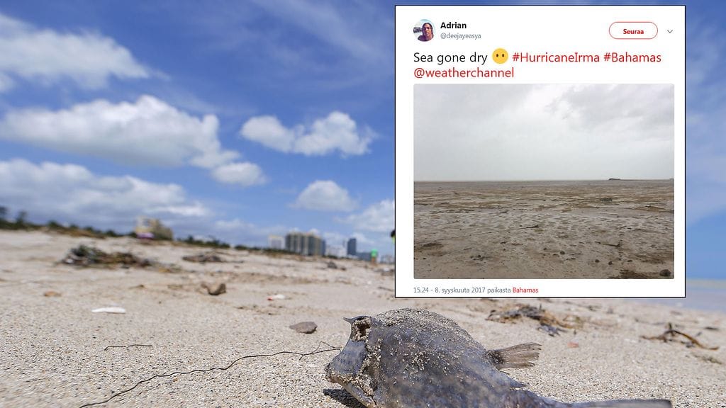 Irma-hirmumyrsky hävitti meren Bahamalla ja Floridassa. Kuvakaappaus Twitteristä.