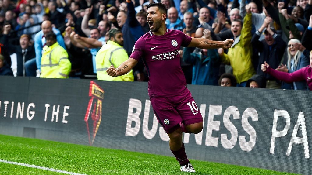 Manchester Cityn Sergio Agüero iski lauantaina hattutempun Watfordia vastaan.