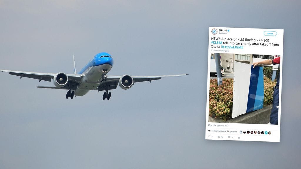 KLM:n Boeing 777 -mallisen koneen siivestä irtosi suurikokoinen pala.