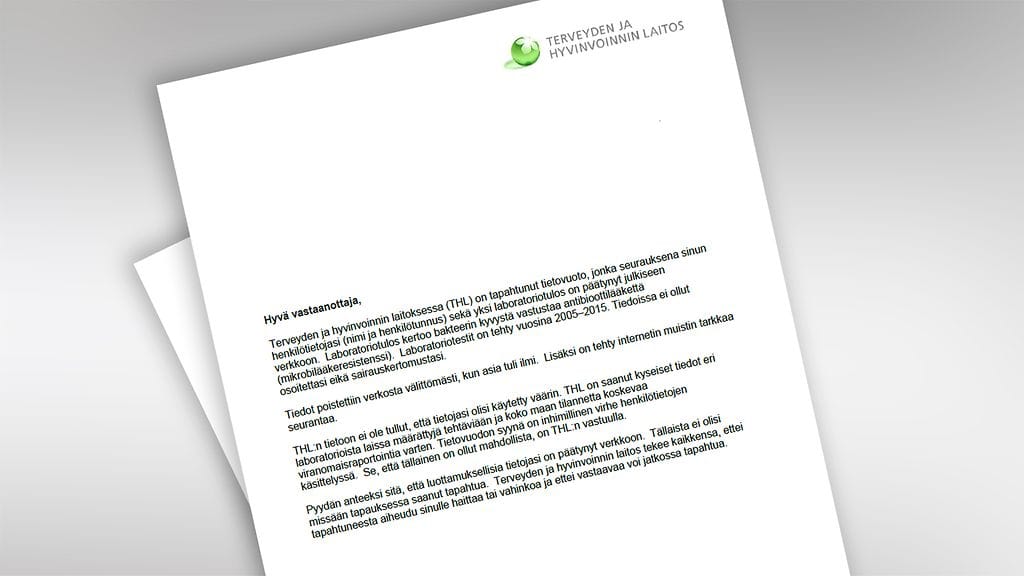 Kirjeessä THL:n pääjohtaja Juhani Eskola pahoittelee tapahtunutta.