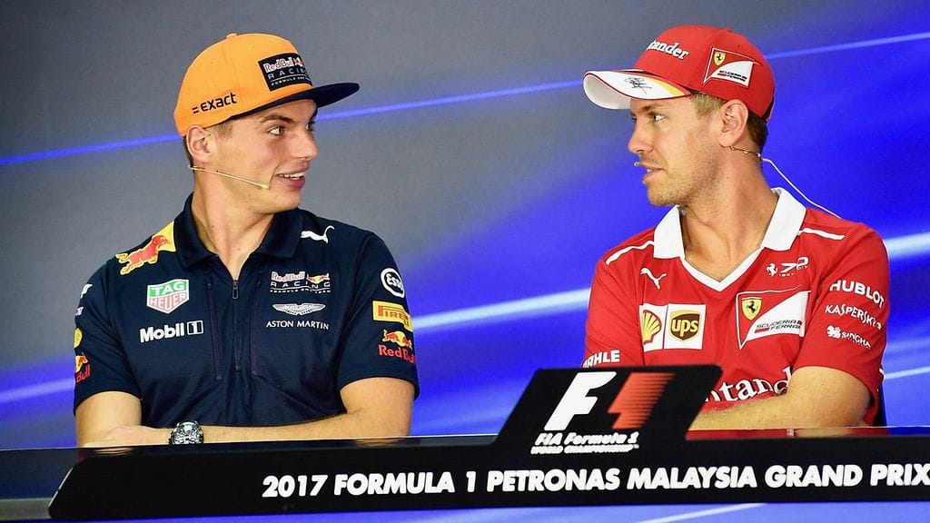 Max Verstappen ja Sebastian Vettel median edessä Malesiassa torstaina.