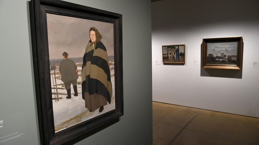 Taiteilija Eero Nelimarkan teos Talonpoikaisväkeä (1917) Eero Nelimarkka -näyttelyssä Helsingin taidemuseossa. Kuvituskuva.