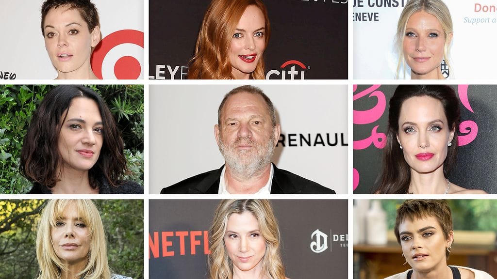 Harvey Weinsteinia (keskellä) syytetään seksuaalisesta ahdistelusta. Weinsteinin teoista ovat avautuneet (vasemmasta yläkulmasta myötäpäivään) Rose McGowan, Heather Graham, Gwyneth Paltrow, Angelina Jolie, Cara Delevingne, Mira Sorvino, Rosanna Arquette ja Asia Argento.