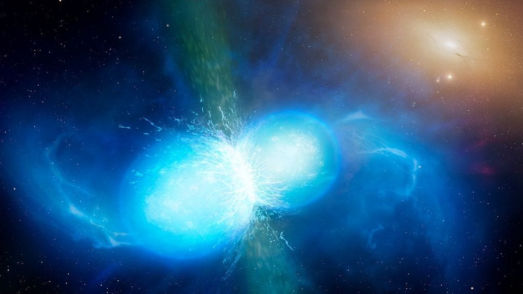 Taiteilijan näkemys neutronitähtien törmäyksestä.