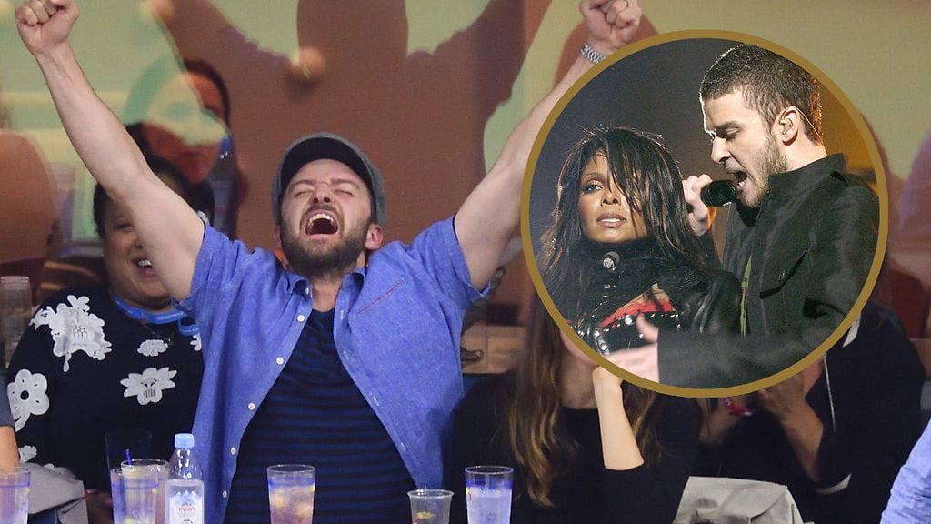 Justin Timberlake riemuitsi US Open -tennisturnauksen katsomossa syyskuun alussa 2017. Riemun syy ei välttämättä ollut tieto siitä, että Timberlake on seuraavan Super Bowlin puoliaikashow'n tähti 14 vuotta kohua herättäneen Janet Jackson -yhteisesiintymisen (pienempi kuva) jälkeen.