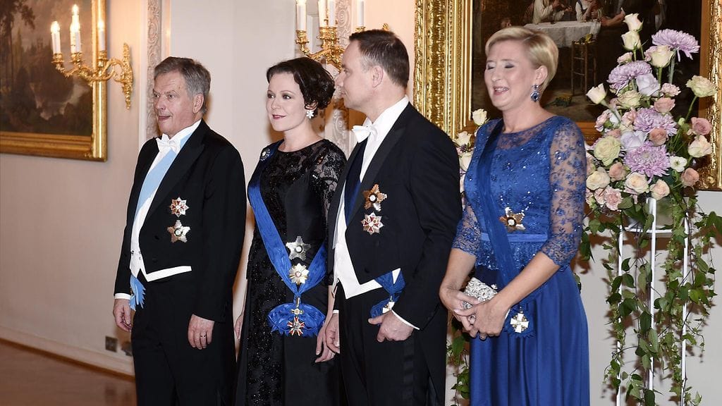 Sauli Niinistö, Jenni Haukio, Puolan presidentti Andrzej Duda, Agata Kornhauser-Duda juhlaillallinen Presidentinlinnassa 24.10.2017 1