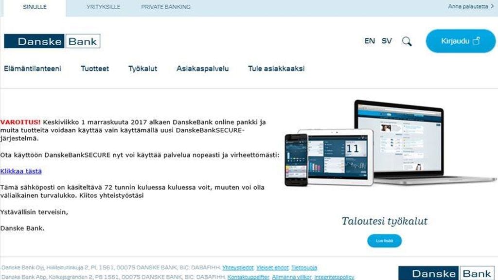 Danske Bankin mukaan huijaussähköposti on näyttänyt tältä.