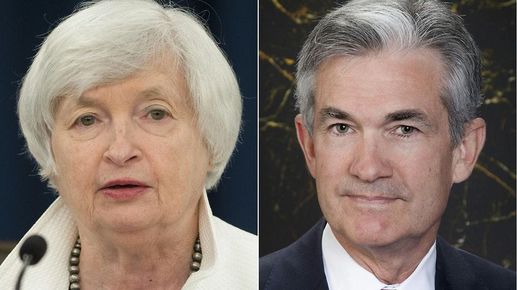 Kuvassa vasemmalla Yhdysvaltain keskuspankin nykyinen johtaja Janet Yellen ja oikealla pankin johtokuntaan kuuluva Jerome Powell, jonka uskotaan ottavan Yellenin paikan pankin johdossa.