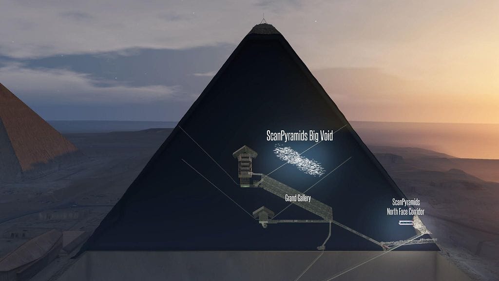 3D-mallinnus ScanPyramids-tutkijaryhmän löytämästä 30-metrisestä onkalosta, joka sijaitsee Kheopsin pyramidin uumenissa.