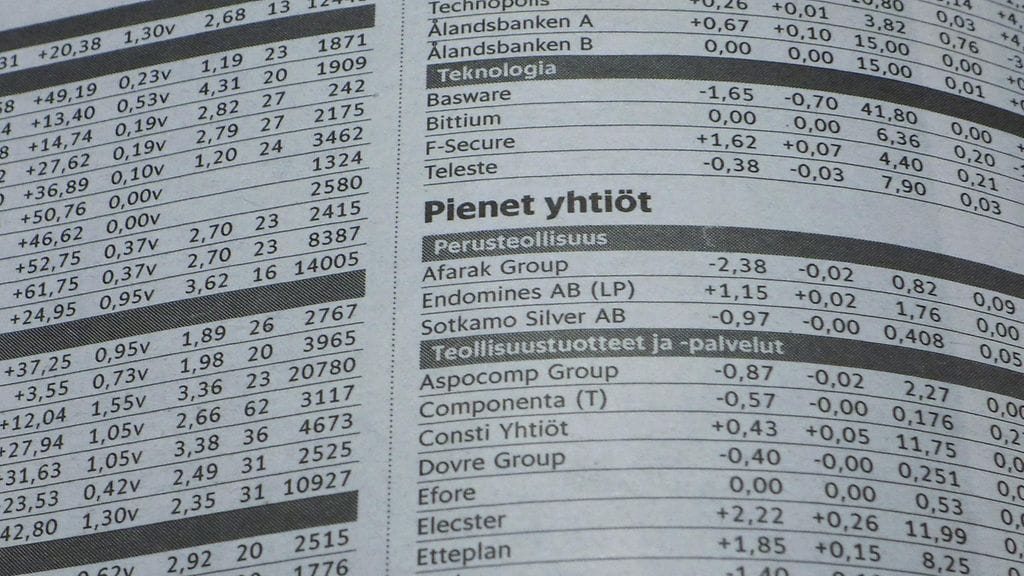 Kaivosalan yhtiö Afarak Group Helsingin pörssissä olevien yritysten listalla Helsingin Sanomien taloussivuilla (3.11.2017).