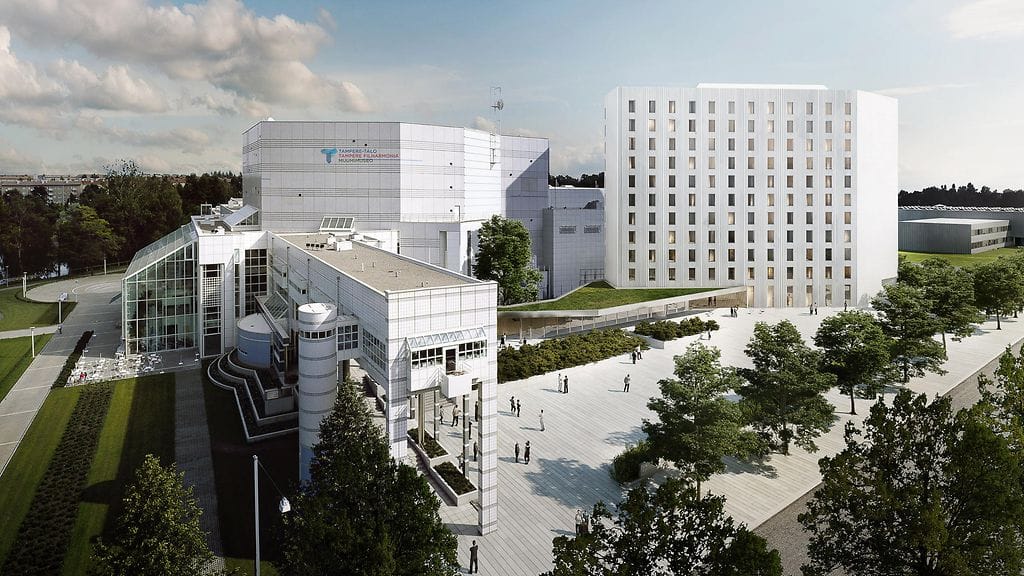 Havainnekuva Tampere-talon yhteyteen rakennettavasta Marriott-hotellista.