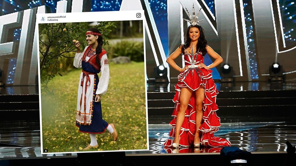 Shirly Karvinen esiintyi Miss Universum -kilpailun kansallispukukierroksella seksikkäässä iltapuvussa. Michaela Söderholm luottaa perinteiseen kansallispukuun.