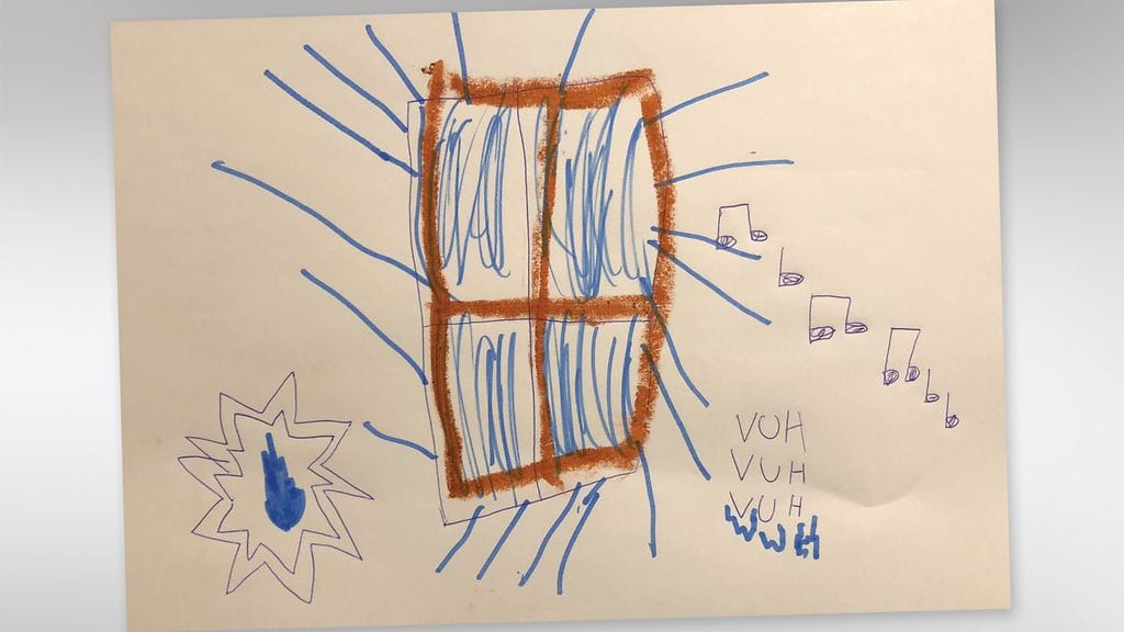 Kuusivuotiaan silminnäkijän taideteos tulipallosta. Valo oli sinistä ja koirat haukkuivat.