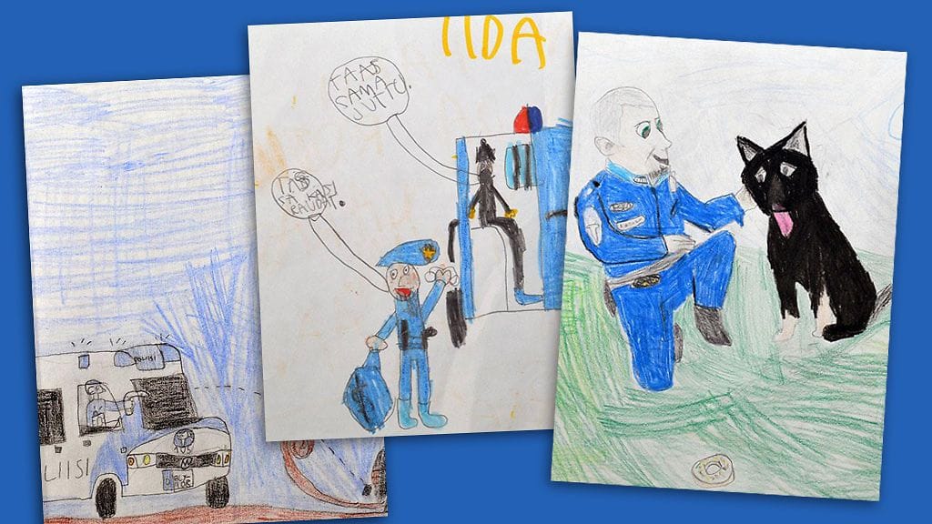 Näin suomalaislapset näkevät poliisin. Kuvat Suomen poliisin Facebook-sivuilta.