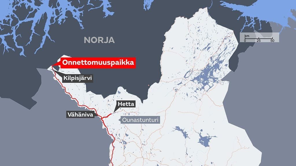 Onnettomuus tapahtui Siilasvuomalla, joka sijaitsee noin 5 kilometrin päässä Kilpisjärveltä Norjan suuntaan.
