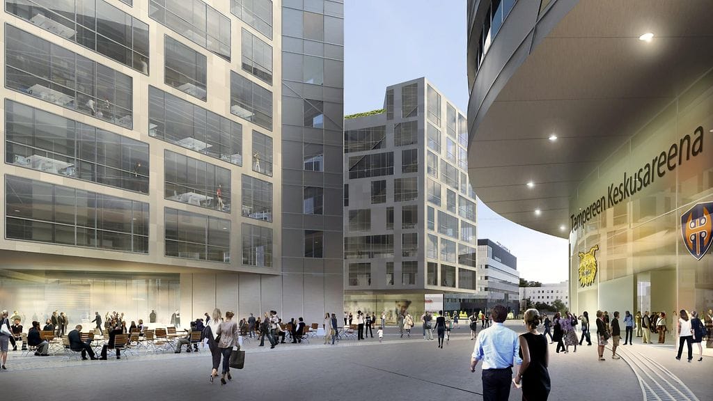 SRV:n havainnekuva monitoimiareenan, toimisto-, liike- ja hotellitilaa sekä asuntoja käsitttävästä Tampereen Kansi ja Areena -hankkeesta.